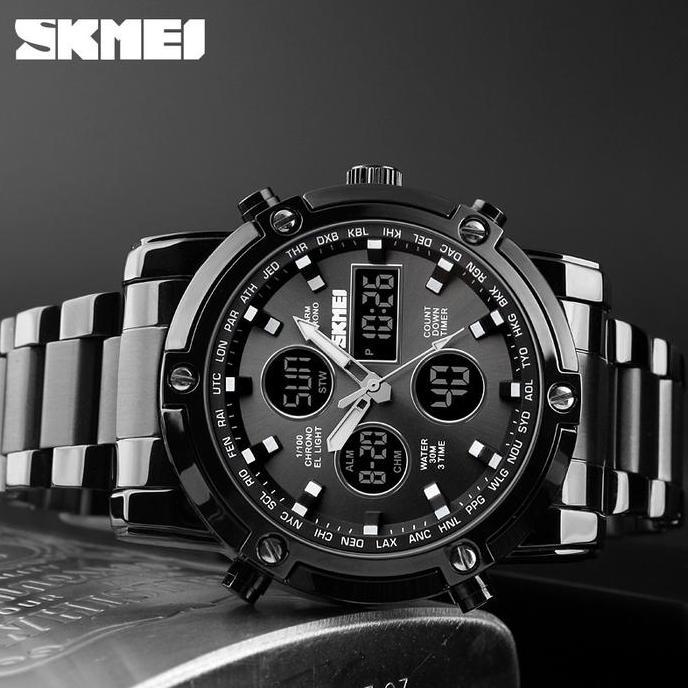 Bw- Jam Tangan Pria Analog Dital Skmei 1389 Ter Resist 3Atm Stainless Steel