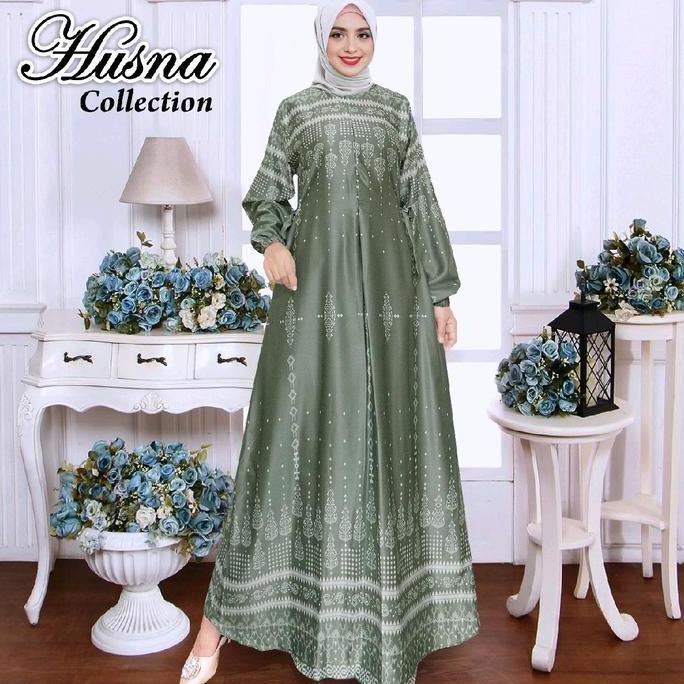 Dress- Husna Collection Gamis Silk Shakila Kain Maxmara Motif Dress Lebaran Muslim Panjang Desa Syar