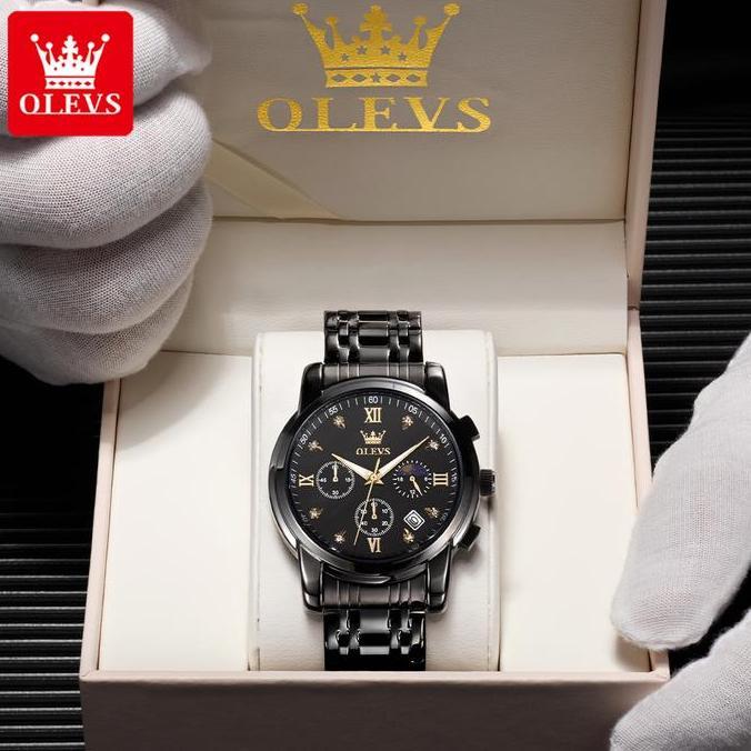 opalveroz - OLEVS Jam Tangan Pria Anti Air Original Kotak Hadiah Bisnis Cowok Analog Chronograph Sta