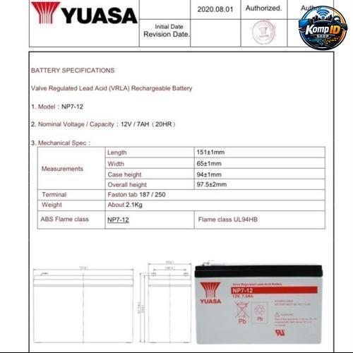 Aki Battery Baterai Yuasa NP7.2-12 Yuasa 12V 7,2Ah Taiwan 12V 7Ah aki