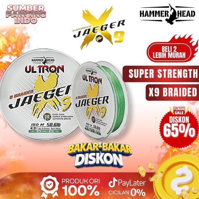 HAMMER HEAD SENAR PE ULTRON JAEGER X9 150METER MOSS GREEN WHITE COLOR NEW BRAIDING JAPAN TECNOLOGY M