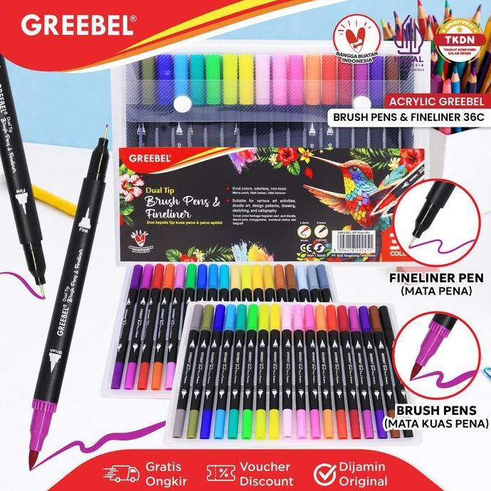 Goodseller- GREEBEL Spidol Warna Set 36 Warna - Spidol Brush Pen Dual 2 Tip Marker Drawing Pen