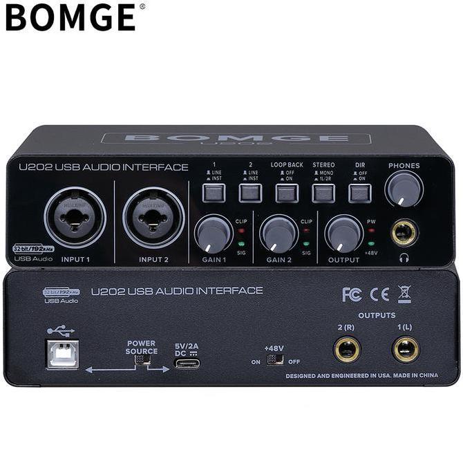 BOMGE U202 Audio Interface SoundCard USB dengan Mikrofon Preamplifier Port XLR/TSR/TS, Resolusi 48V,