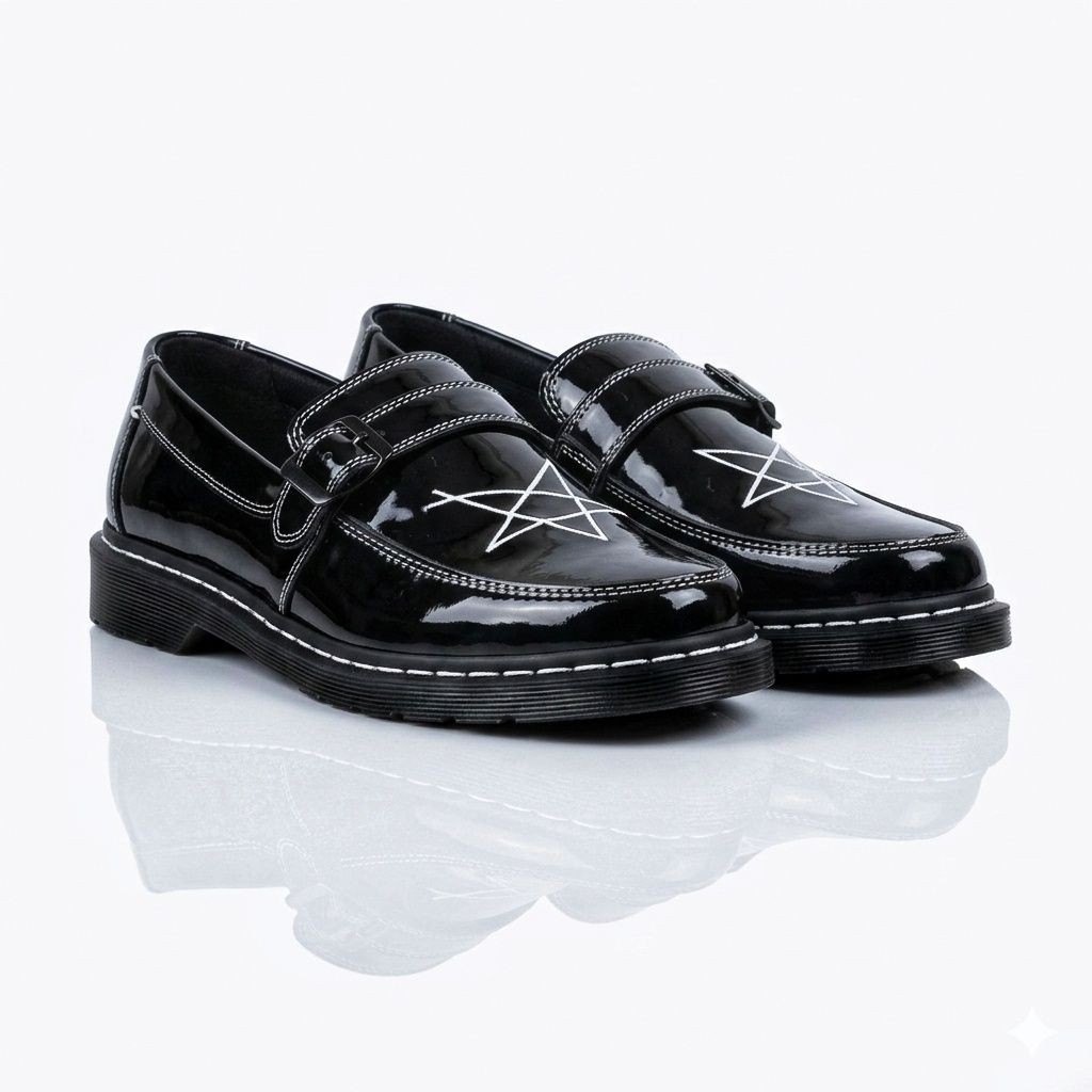 Sepatu Loafers Pria Hitam Star Glossy - Sepatu Creeper Kulit Sintetis Glossy - Gaya Gothic Punk Casu