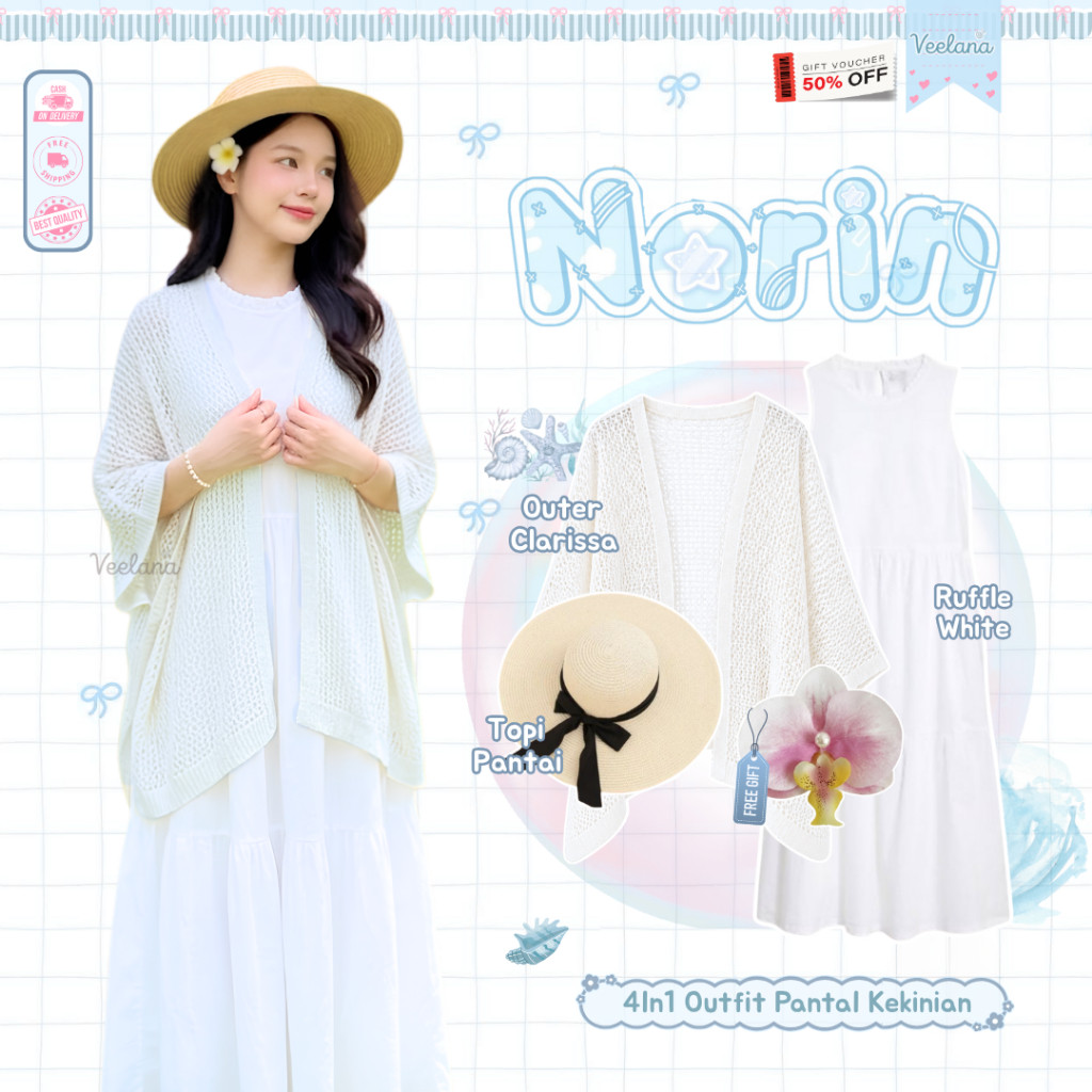 Outfit Pantai Wanita Non Hijab ( Topi Pantai, Jepit Bunga, Outer Clarissa, Dress Ruffle Putih ) Outf