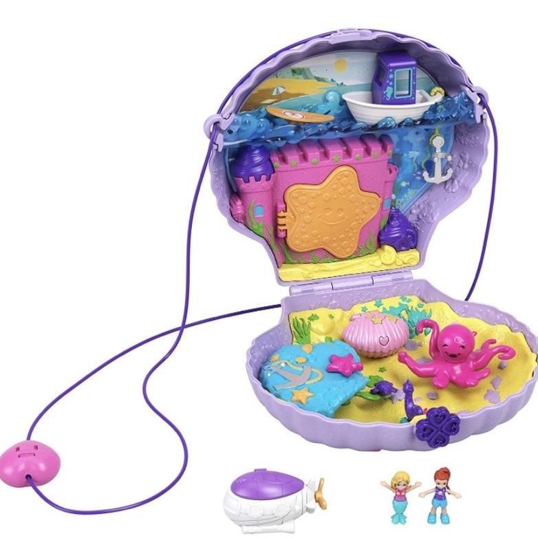 Polly Pocket Tiny Power Seashell Purse Compact With Wearable Strap, Fun Under-The-Sea, Micro Polly &
