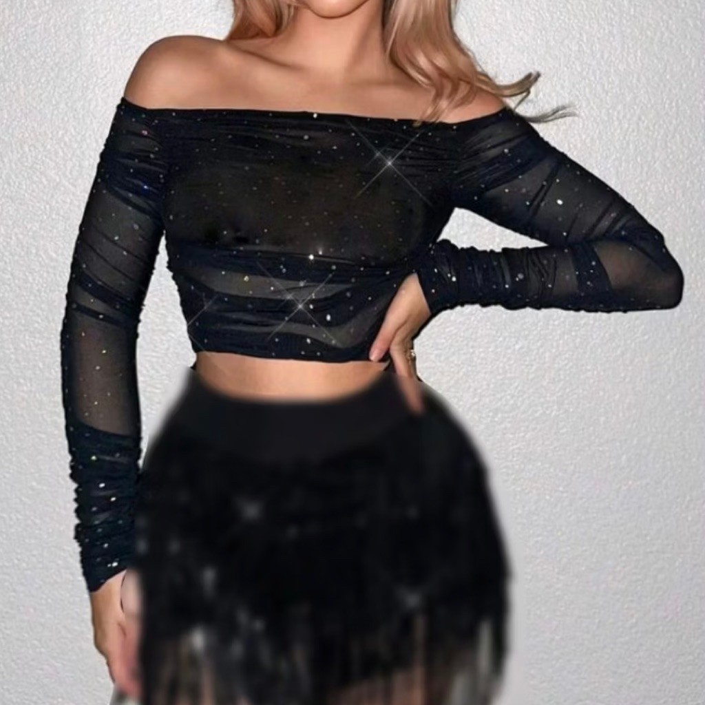 NEW - Shein Sweetina Off Shoulder Glitter Manik Black Mesh Crop Top XS