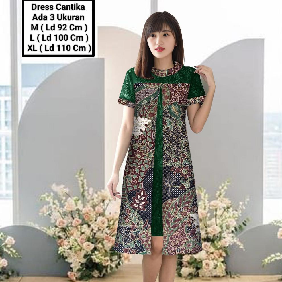 Dress Wanita Midi Model Terbaru Matt Batik Kombinasi Brokat Mutiara/Dress Cantika Batik Size M-L-Xl
