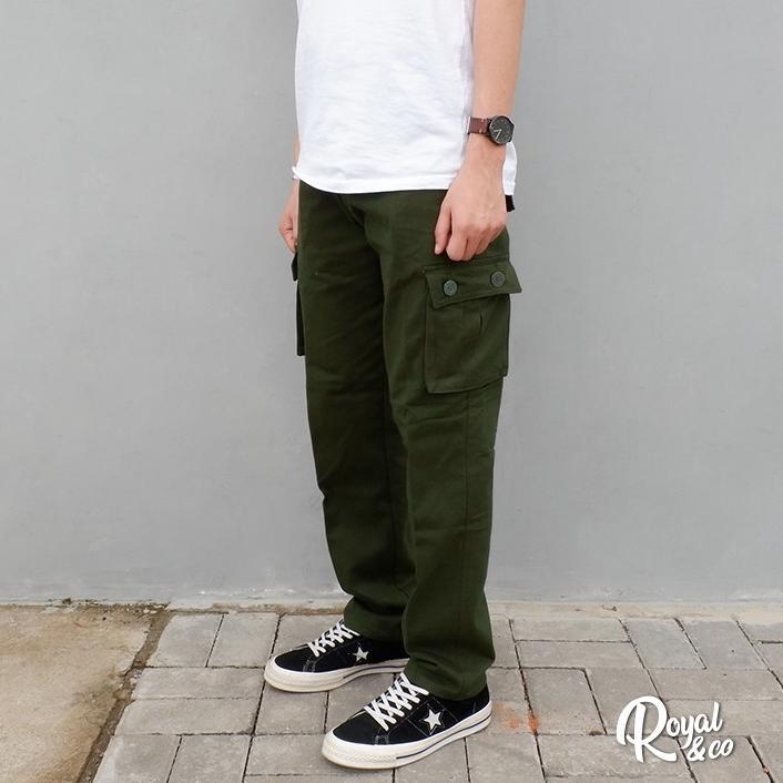 Promo Celana Cargo Panjang Slim Straight Green Army / Cargo Pants Twill / Cargo Green Army