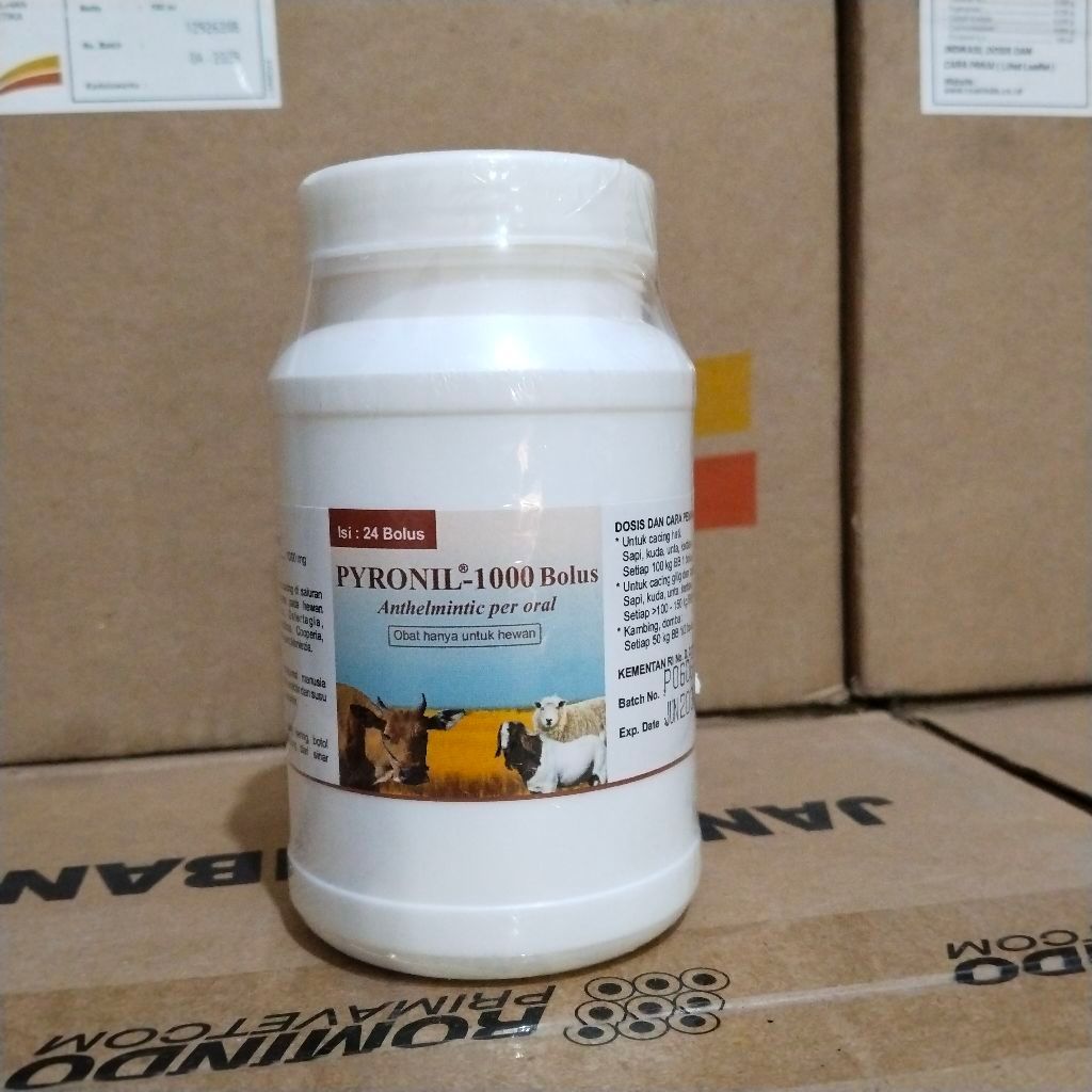 Obat Cacing SAPI, KERBAU, KAMBING & DOMBA | PYRONIL-1000 Bolus | Albendazole1000mg | 1 Pot 24 Bolus.