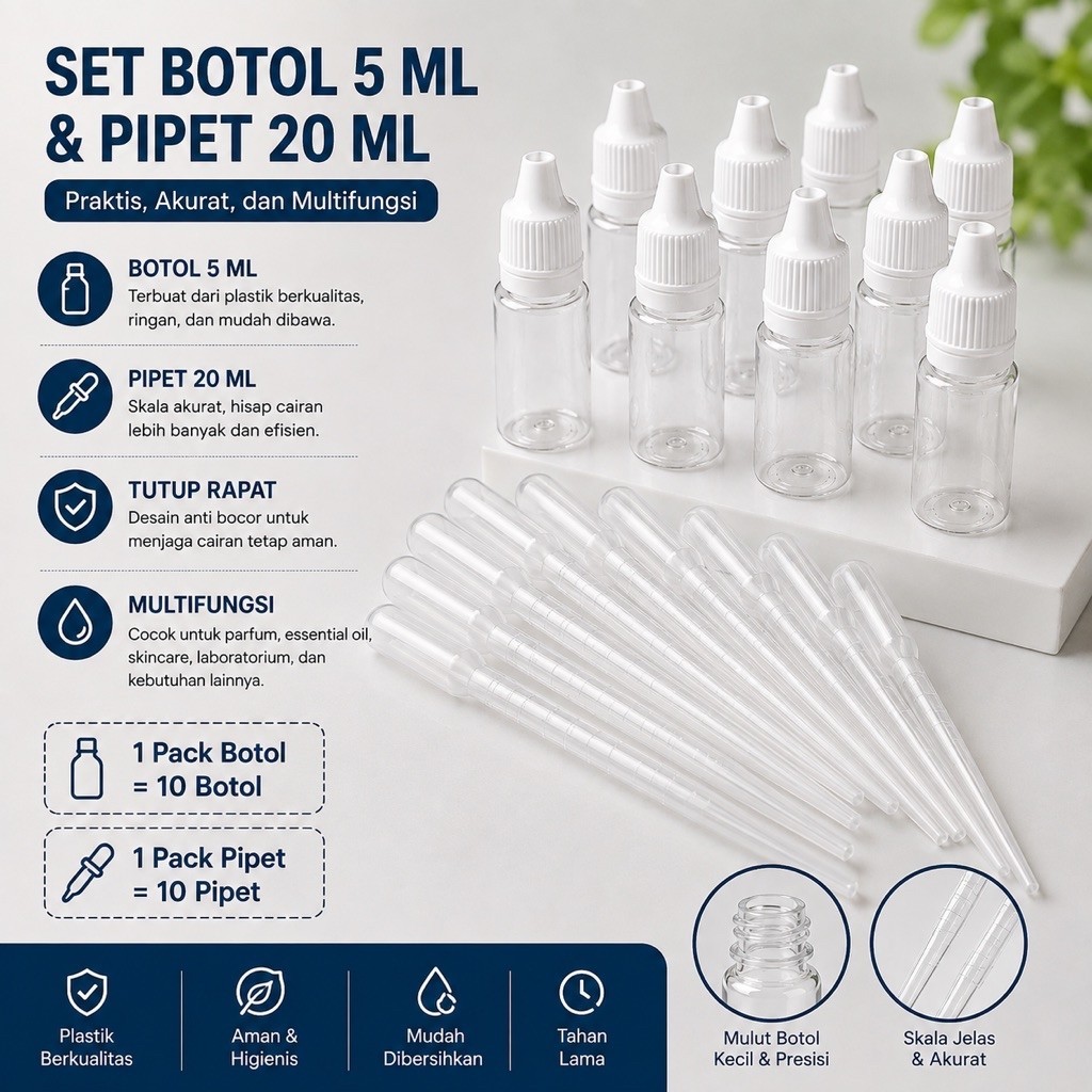 Botol Tetes 5ML + Pipet Ukur 20ML | 1 Pack Isi 10 Botol & 10 Pipet | Botol Plastik Bening