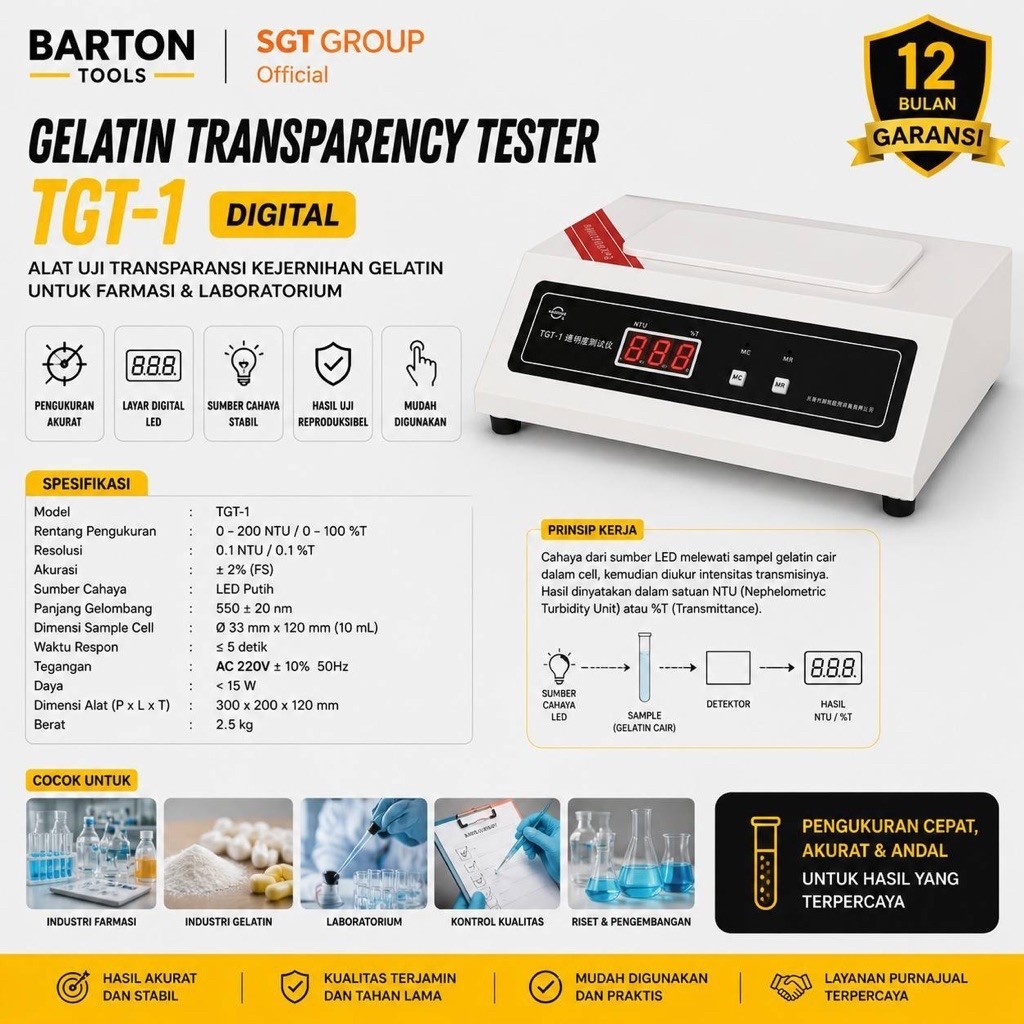 B ONE TGT-1 Gelatin Transparency Tester Digital Alat Uji Kejernihan Gelatin Farmasi Laboratorium QC