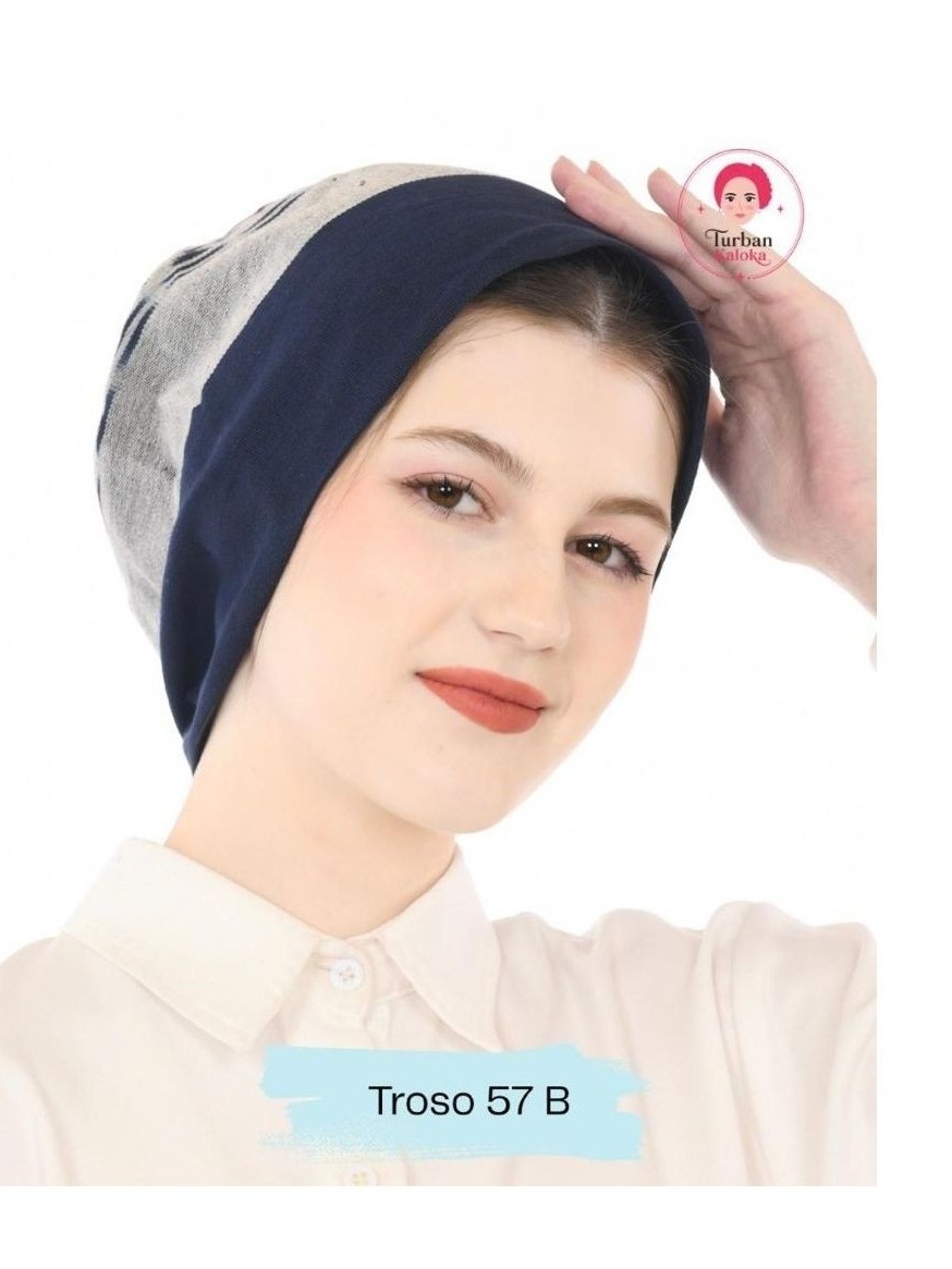 Kaloka Turban dewasa instan sorban hijab kupluk beanie topi kemo tenun motif etnik biru navy - Troso