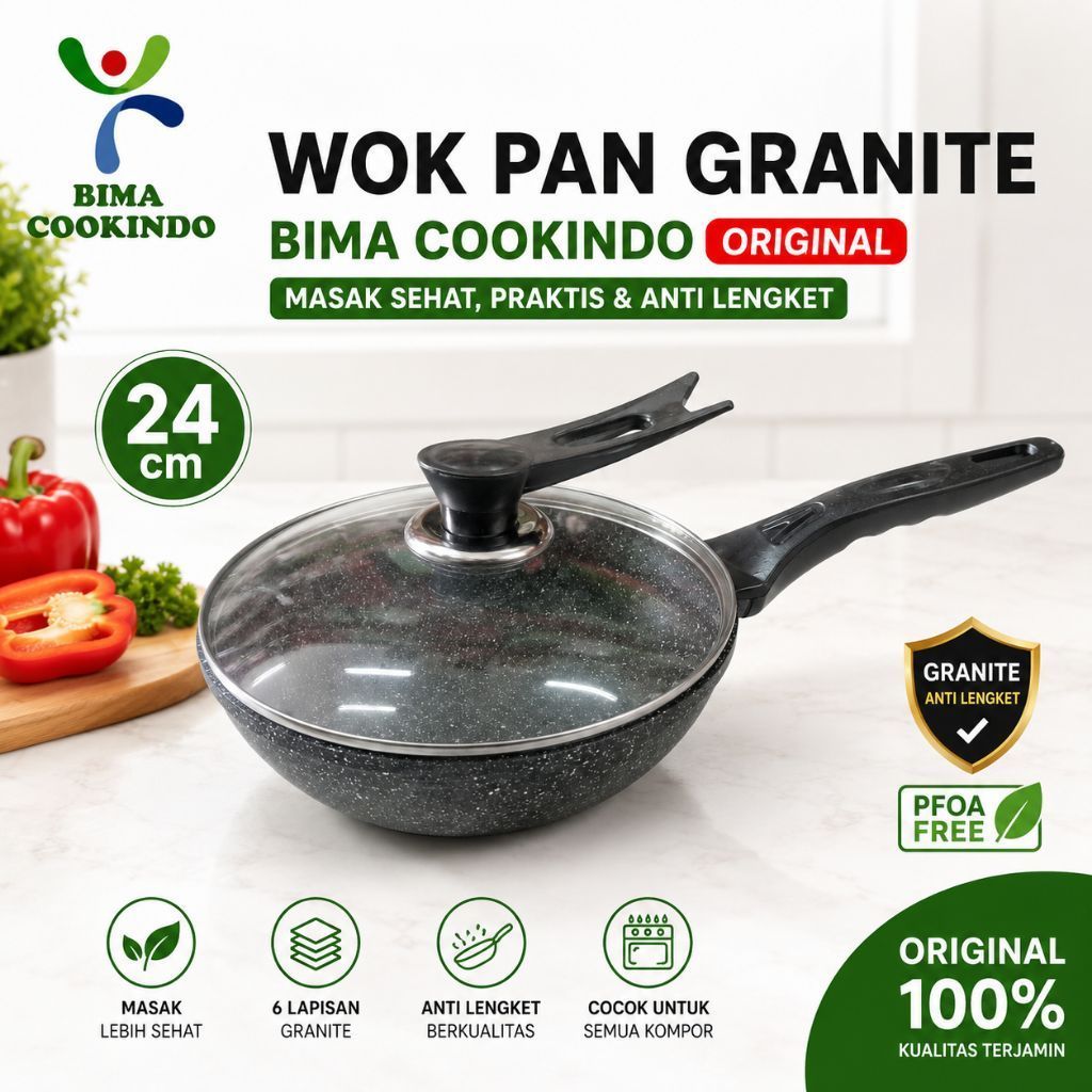 BIMA COOKINDO FryPan Granite 24 cm Original Anti Lengket Lengkap Tutup Kaca | Anti lengket Granite P