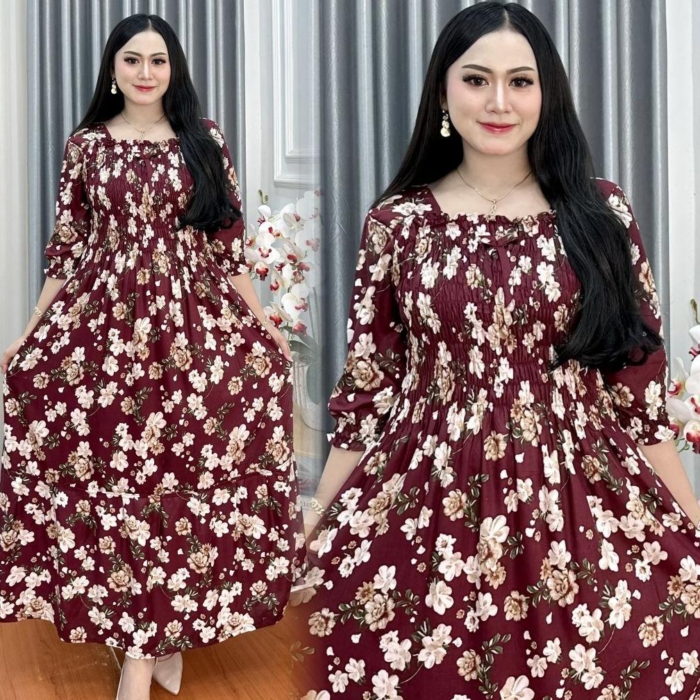 New Daster Smok Jumbo Ld 120 Motif Bunga Gamis Rayon Premium Dress Kerut Dada / Daster Model Terbaru