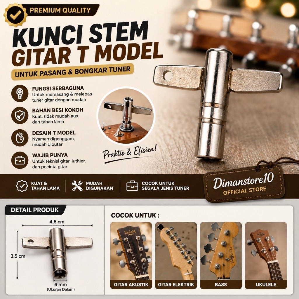 Kunci Stem Gitar T Model Tuner Wrench Alat Pasang Bongkar Tuning Peg Gitar Akustik Elektrik Bass