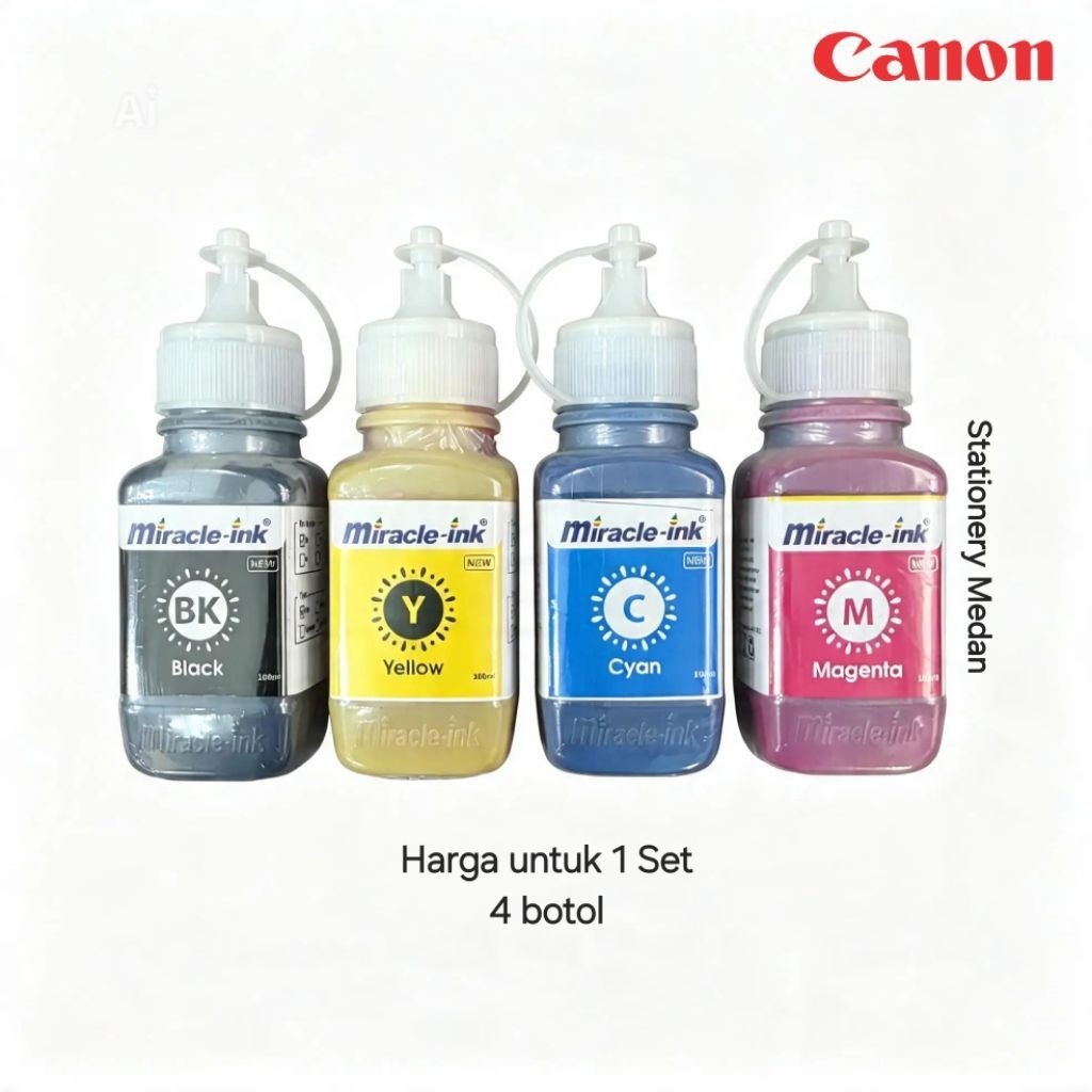 [1 Set / 4 Warna] Tinta Printer inject / injek miracle ink canon Black Magenta Cyan Yellow