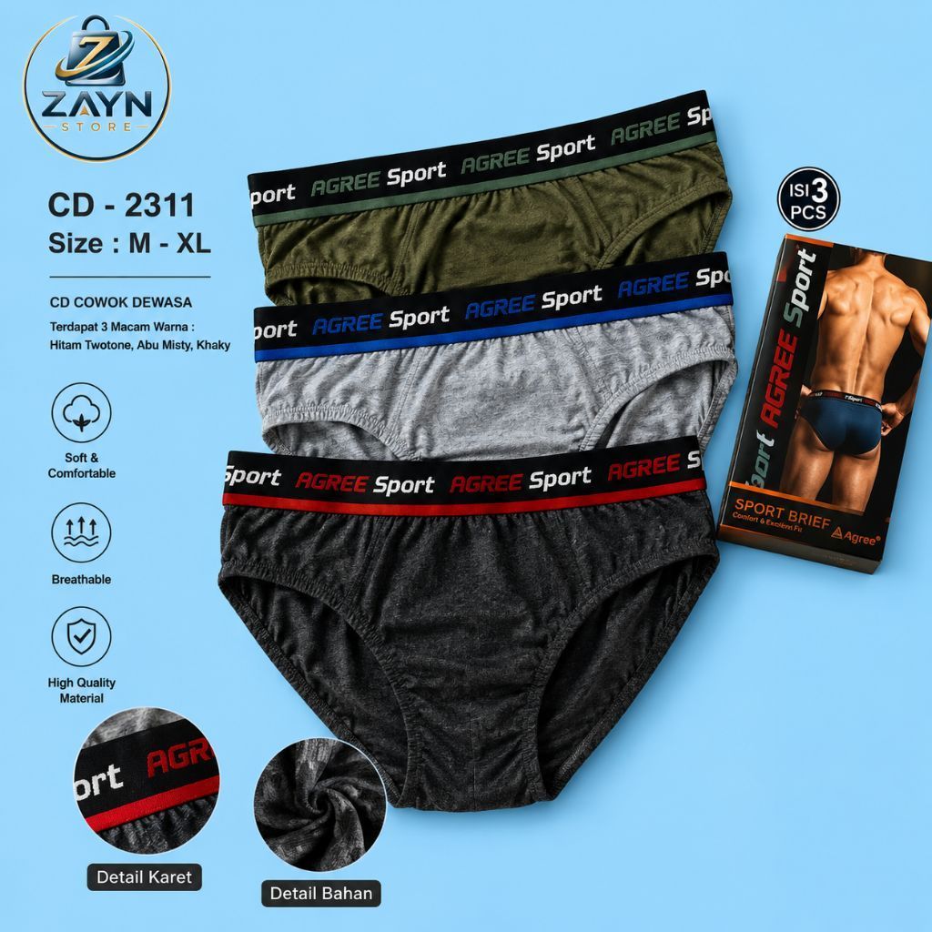( 3 Pcs ) CD AGREE SPORT 2311 |  CD Pria Agree | Celana Dalam Pria Agree Sport Ukuran M - XXL