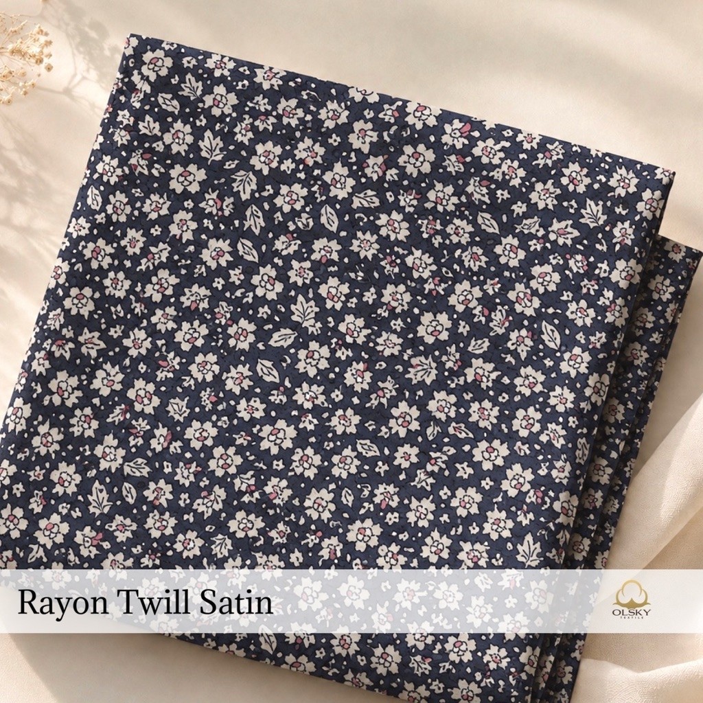 Kain Rayon Twill Satin Motif bunga kecil