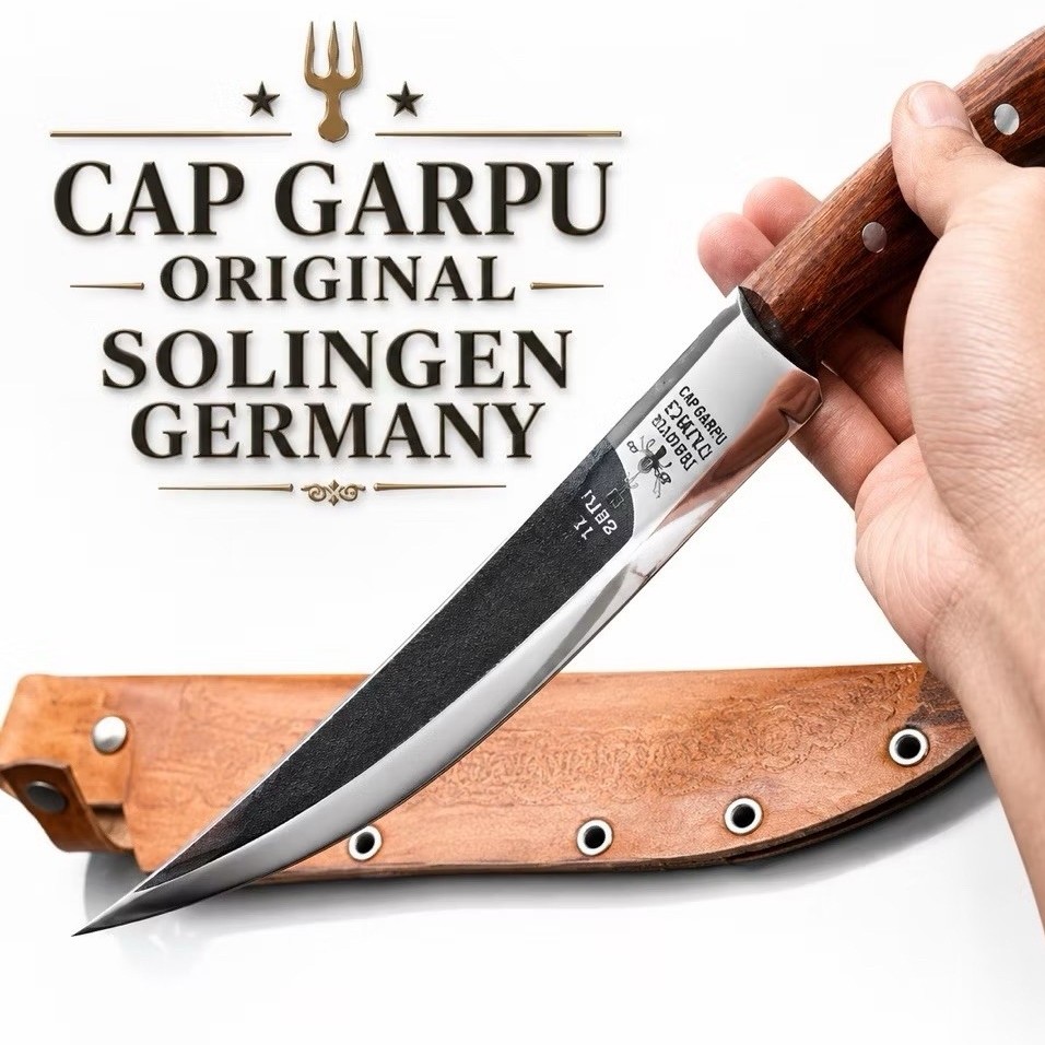 Pisau Cap Garpu Original Solingen Germany dengan Sarung Kulit Bilah Melengkung 18 cm