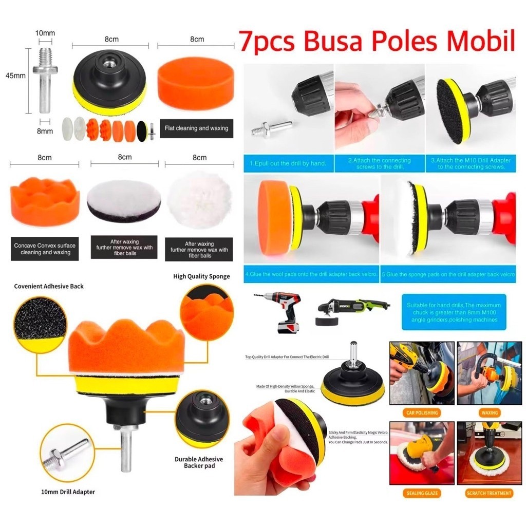 7pcs Busa Poles Mobil Adapter Poles Mobil 3inch Spons Body Compound Polishing Body Mobil Motor