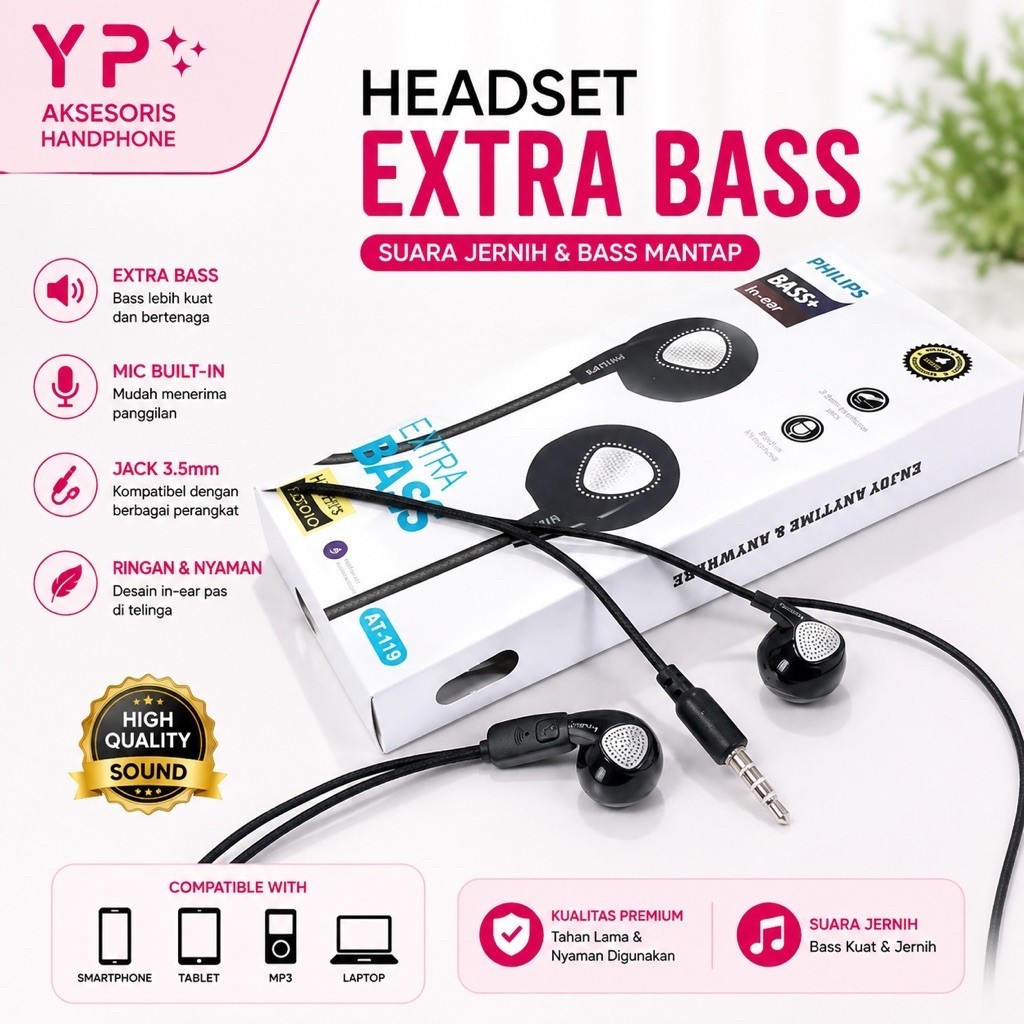 Earphone Handsfree Headset PHILIPS AT-119 PH-228 Proton Metallic Stereo Extra Bass HF AT119 PH228