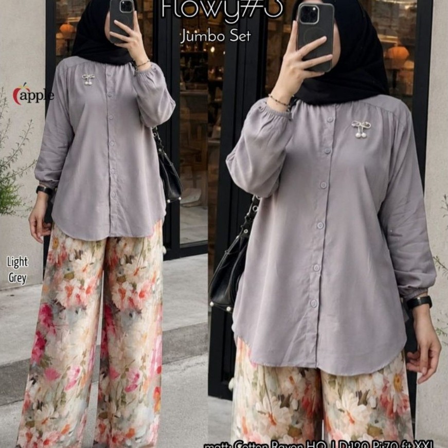 Flowy Set #3 Kulot Rayon Kombinasi Polos Bunga (Apple)