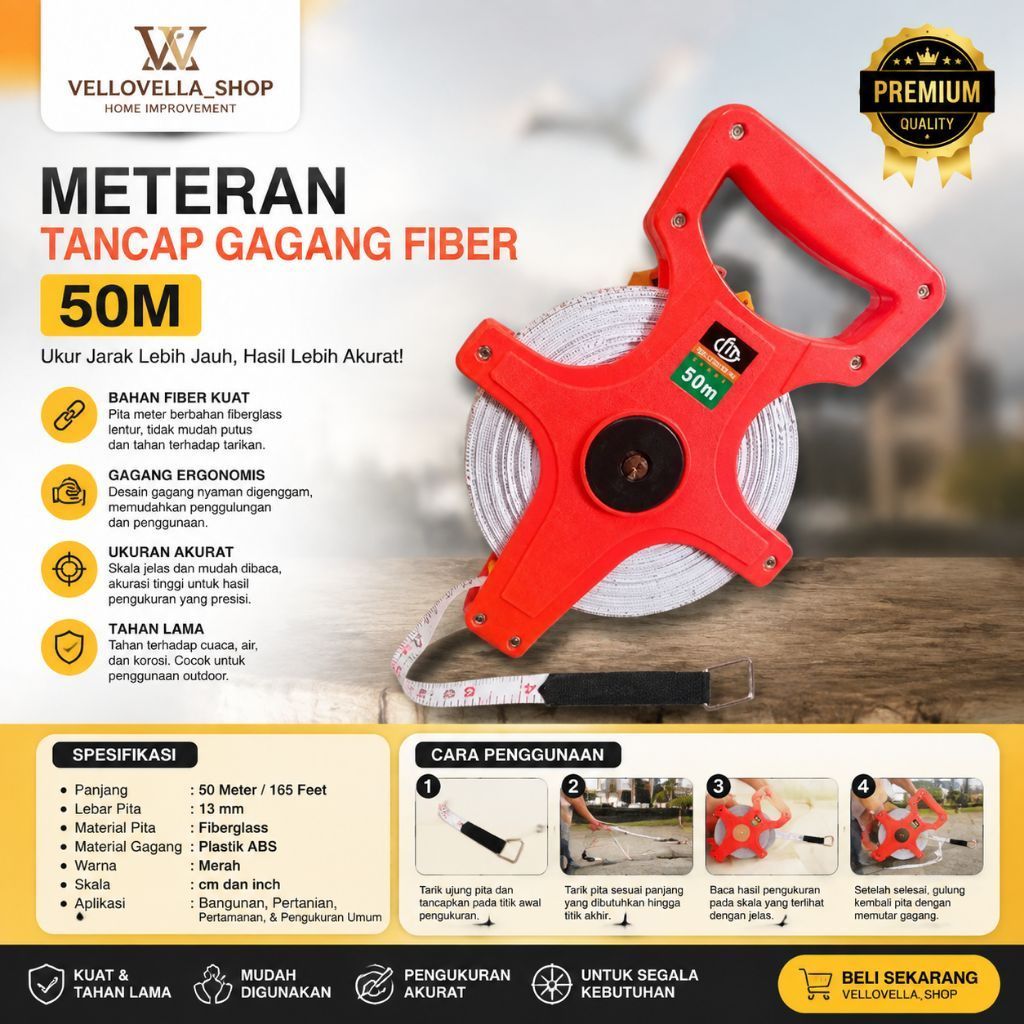 Meteran Fiber 50 Meter / Meteran Tancap Tanah 50 M 50 Meter Roll Gulungan Fiber Murah