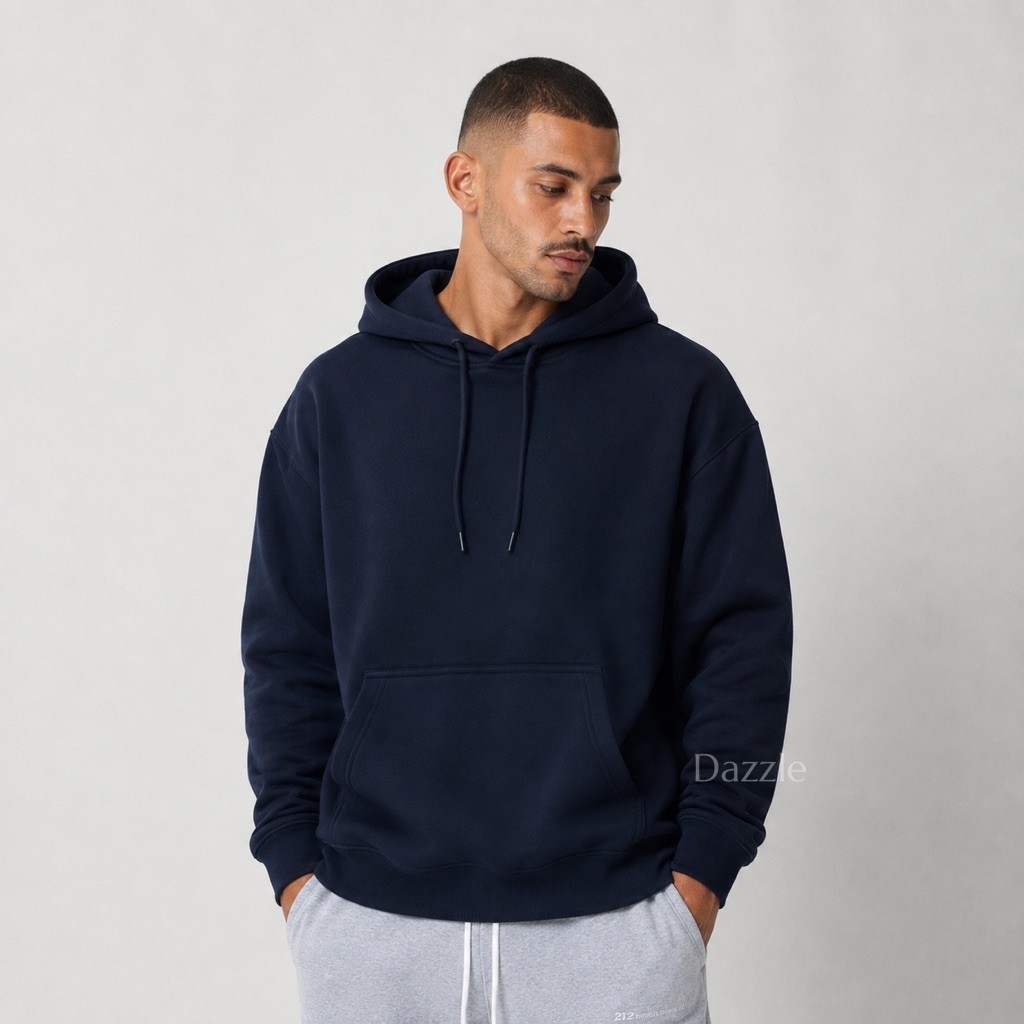 DAZZLE | HOODIE POLOS NAVY COTTON FLEECE UNISEX PRIA WANITA.