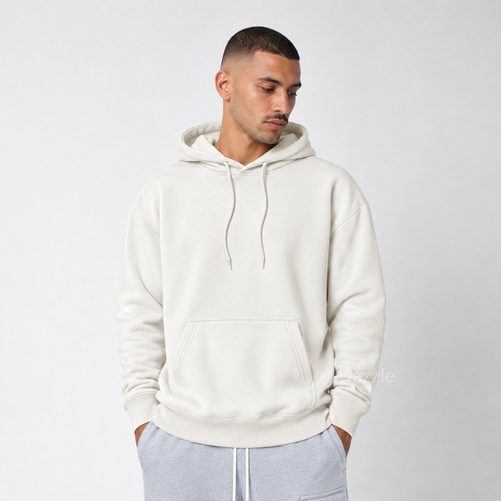 DAZZLE | HOODIE POLOS BROKEN WHITE COTTON FLEECE UNISEX PRIA WANITA.