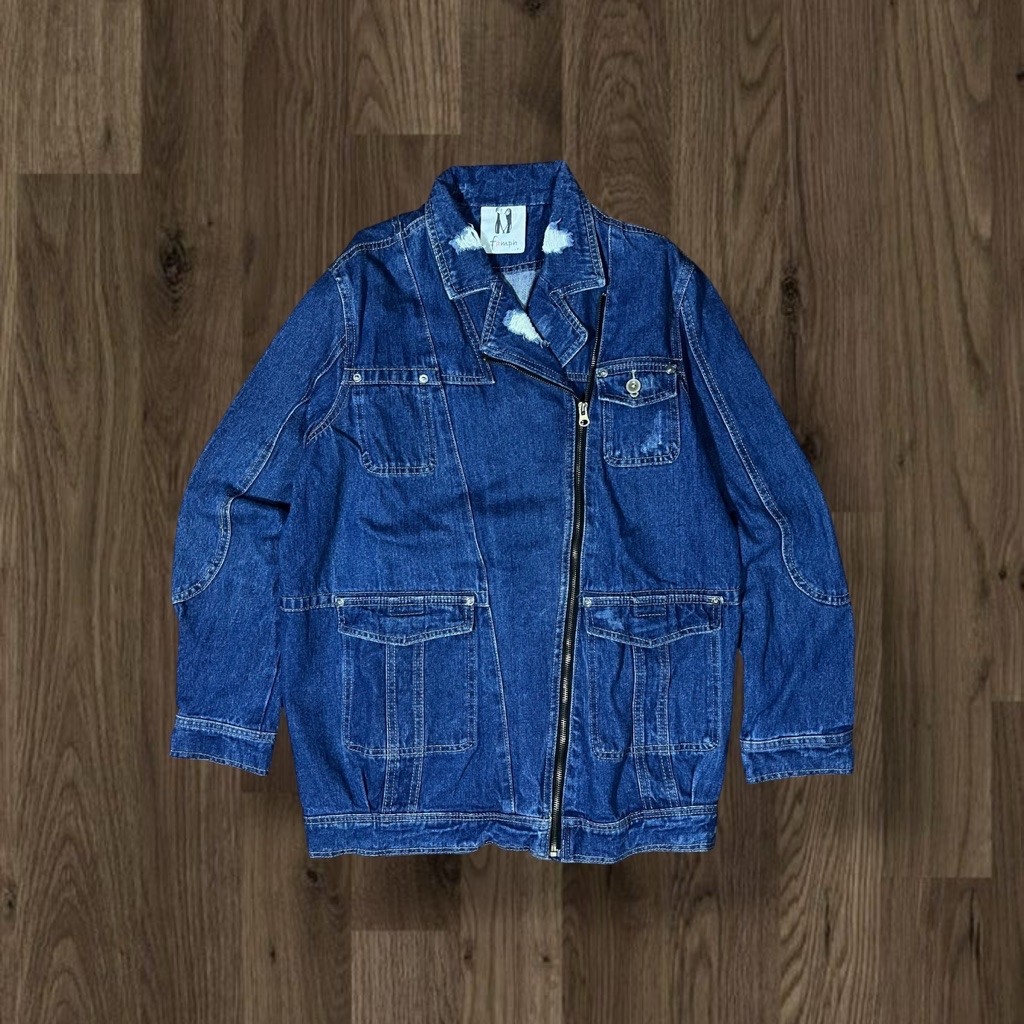 BIKER ASYMMETRIC RAMONES RIPPED DENIM JACKET FAMPH KOREA
