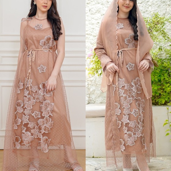 NAMELIS Qiara Dress - Party Dress Tile Floral Brown Cokelat untuk Pesta Kondangan Lamaran Tunangan P