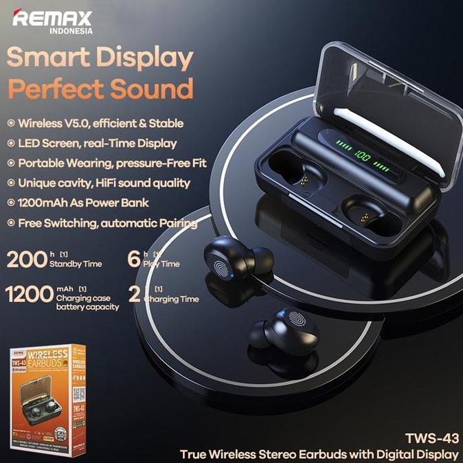 Soundkita- Remax True Wireless Stereo Hi-Fi With Led Display Case 5,0 Version Bluetooth Tws-43 Earph