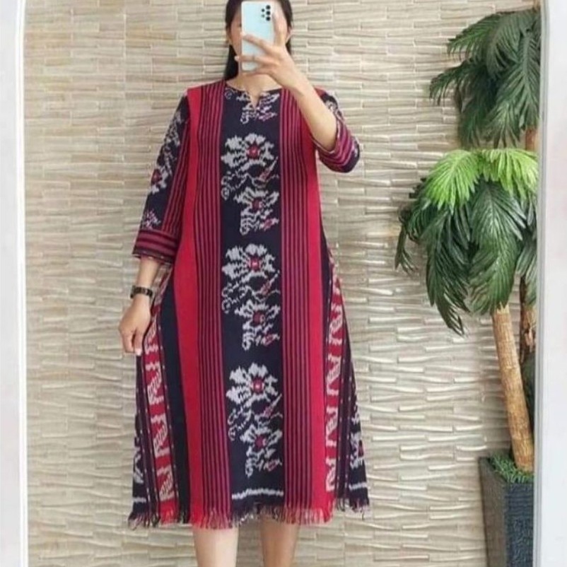 Dress Tenun Etnik Wanita Baju Tenun Kombinasi Rumbai Bawah