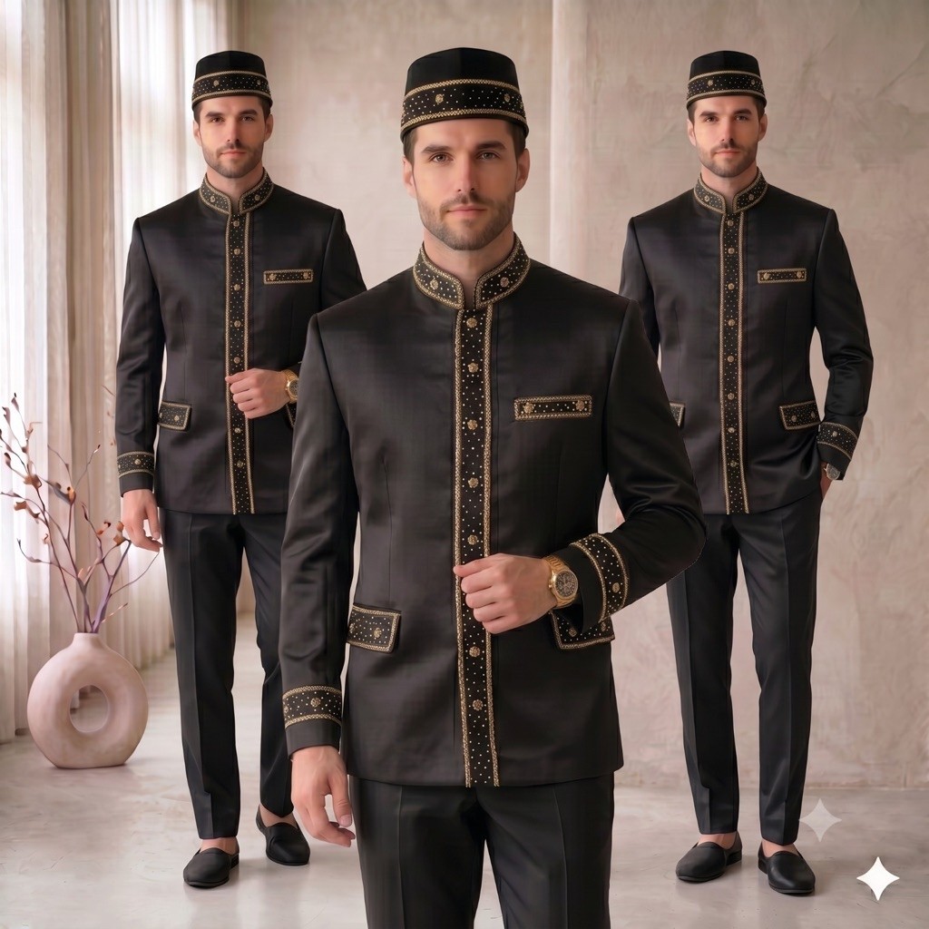 Beskap bapak pengantin hitam payet premium | Basofi bapak besan hajat lengkap 1 set