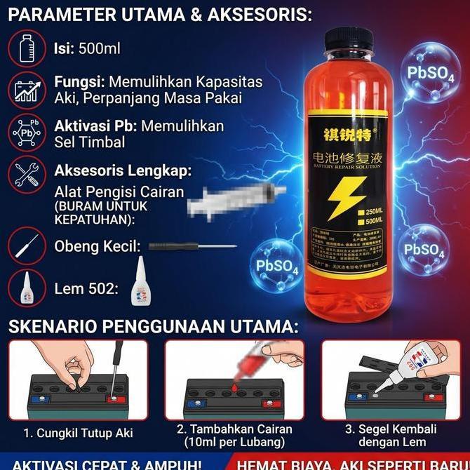 OVMIDEX Cairan Perbaikan Aki 500ml - Obat Aki Drop Mobil Motor - Battery Repair Solution - Free Alat