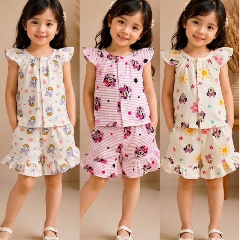 setelan anak kutung kanaya rufle & kutung kamari celana pendek size 1-5