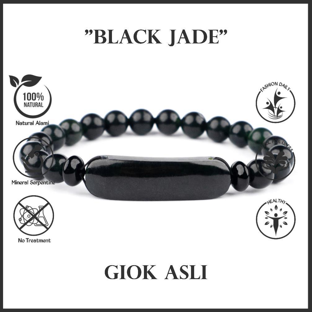Gelang Batu Giok Hitam Black Jade Aceh Natural Serpentine Asli Bangle Pria Wanita Keren Bracelet