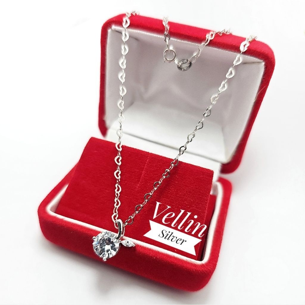 Kalung Rantai Hati Love dan Liontin Motif Buah Mata Zircon Silver 925 - Kalung Liontin Wanita Perak 