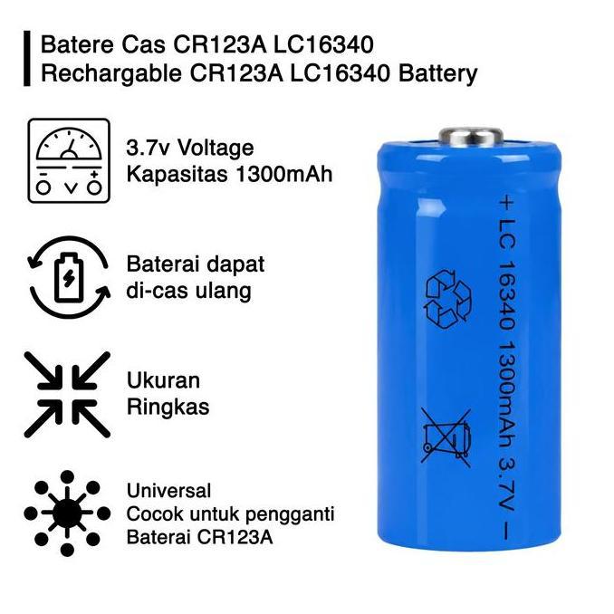 Myhome- Baterai Batere Batre Cas Charge 16340 Cr123A 3.7V Li Ion Laser 1300Mah Untuk Senter Batu Ele