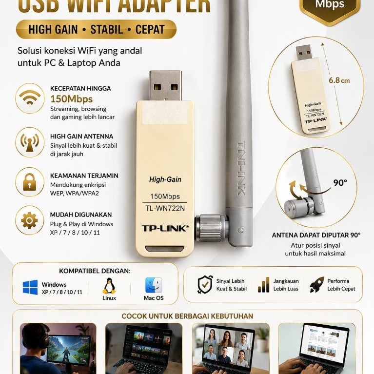TP-Link TL-WN722N V1.10 USB WiFi Adapter 150Mbps High Gain Antena – Second / Unit Only