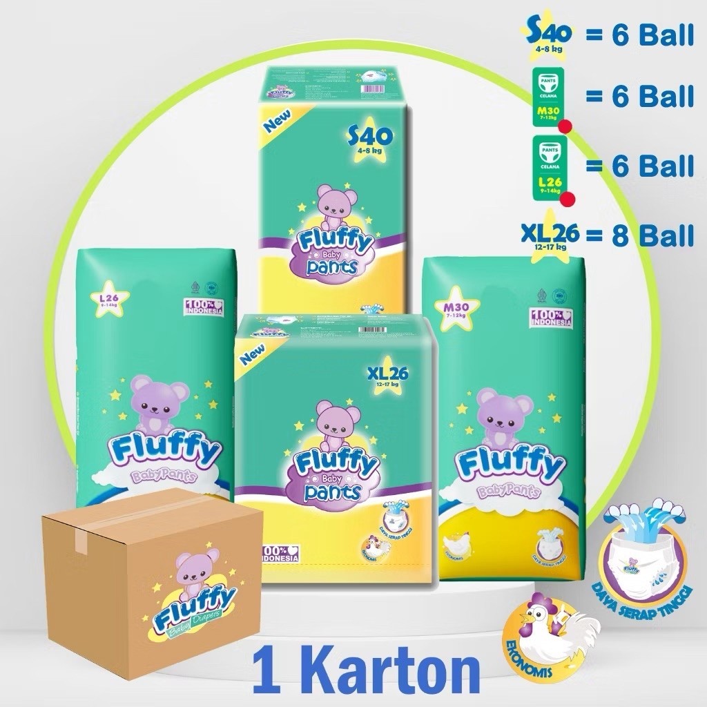 Fluffy (Karton) Pampers Baby Pants 1 Karton S40 M30 L26 XL26 Pcs , ekonomis,daya serap tinggi | Baby