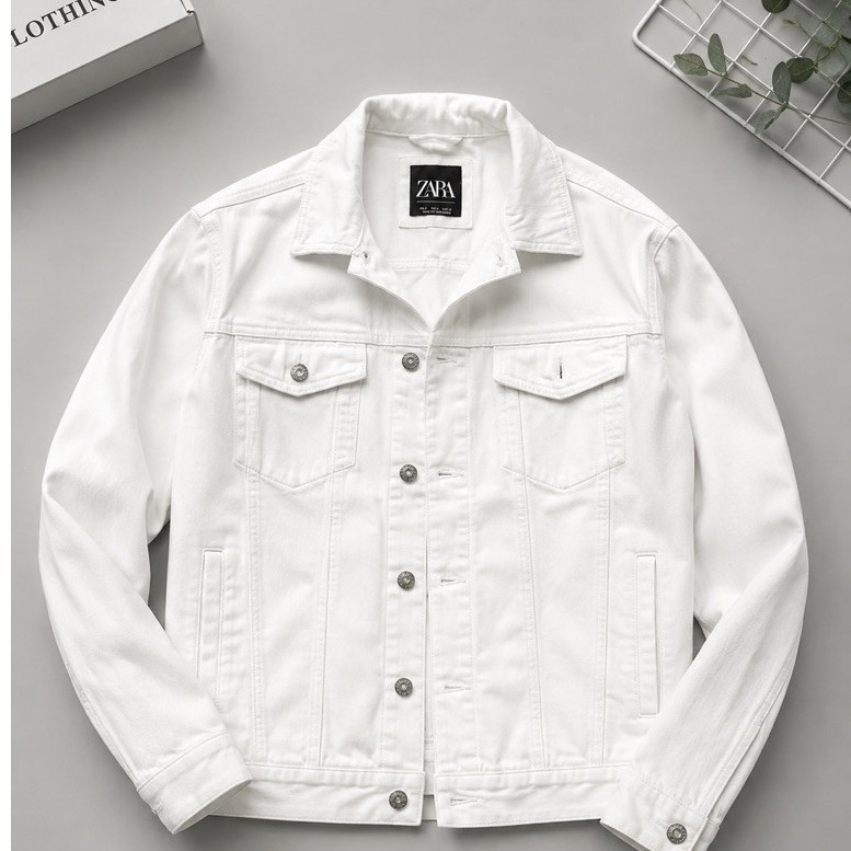 Jaket Jeans Pria Putih Oversize Zara Denim Premium LD 130