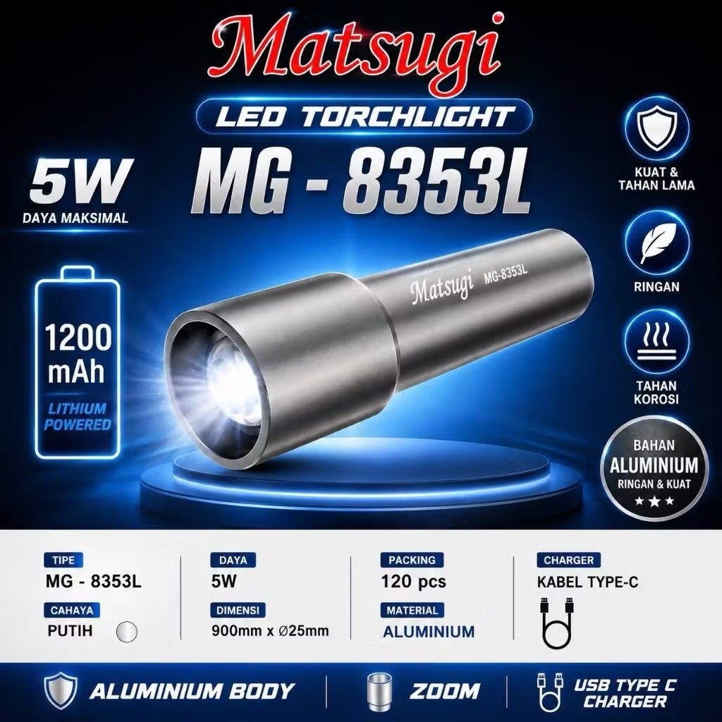 Senter Matsugi LED Torchlight MG-8353L 5W 1200mAh Aluminium Body Zoom USB Type C Charger