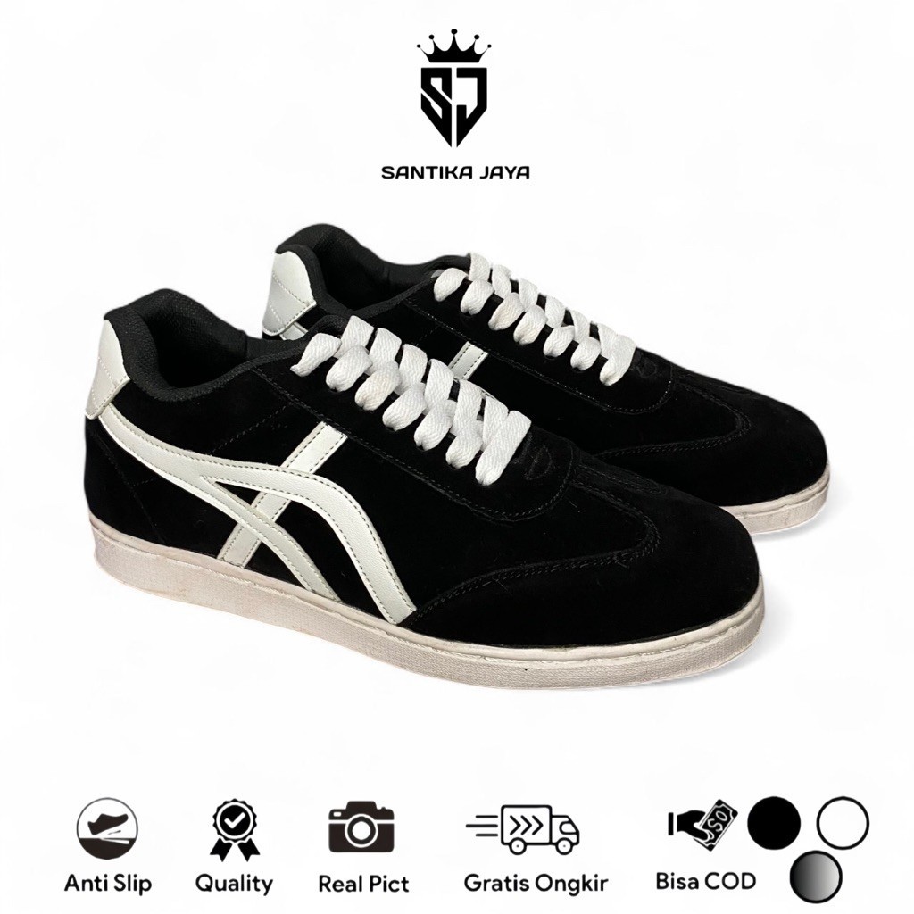 Sepatu Sneakers Casual Style Pria Wanita Bahan Suede Sol Karet Jahit Hitam Putih Ukuran 39-43 || SAN