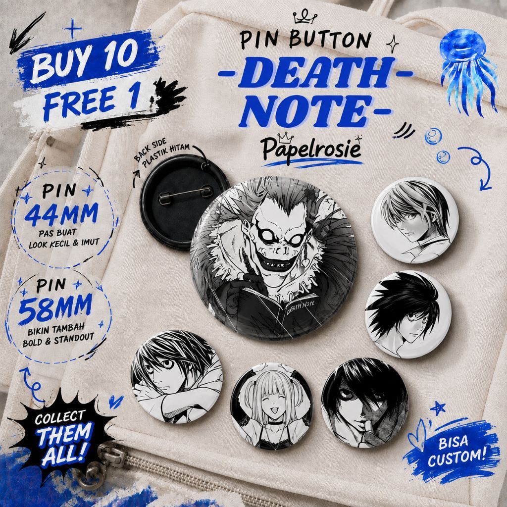 PIN BUTTON DEATH NOTE MANGA | PIN PENITI BULAT AESTHETIC DEATH NOTE MANGA VERSI 44 MM