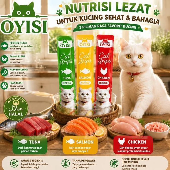 OYISI Snack Kucing Cat Strip 100/200/300pcs Rasa Chicken Salmon Tuna Halal Omega3 Tekstur Lembut Aro