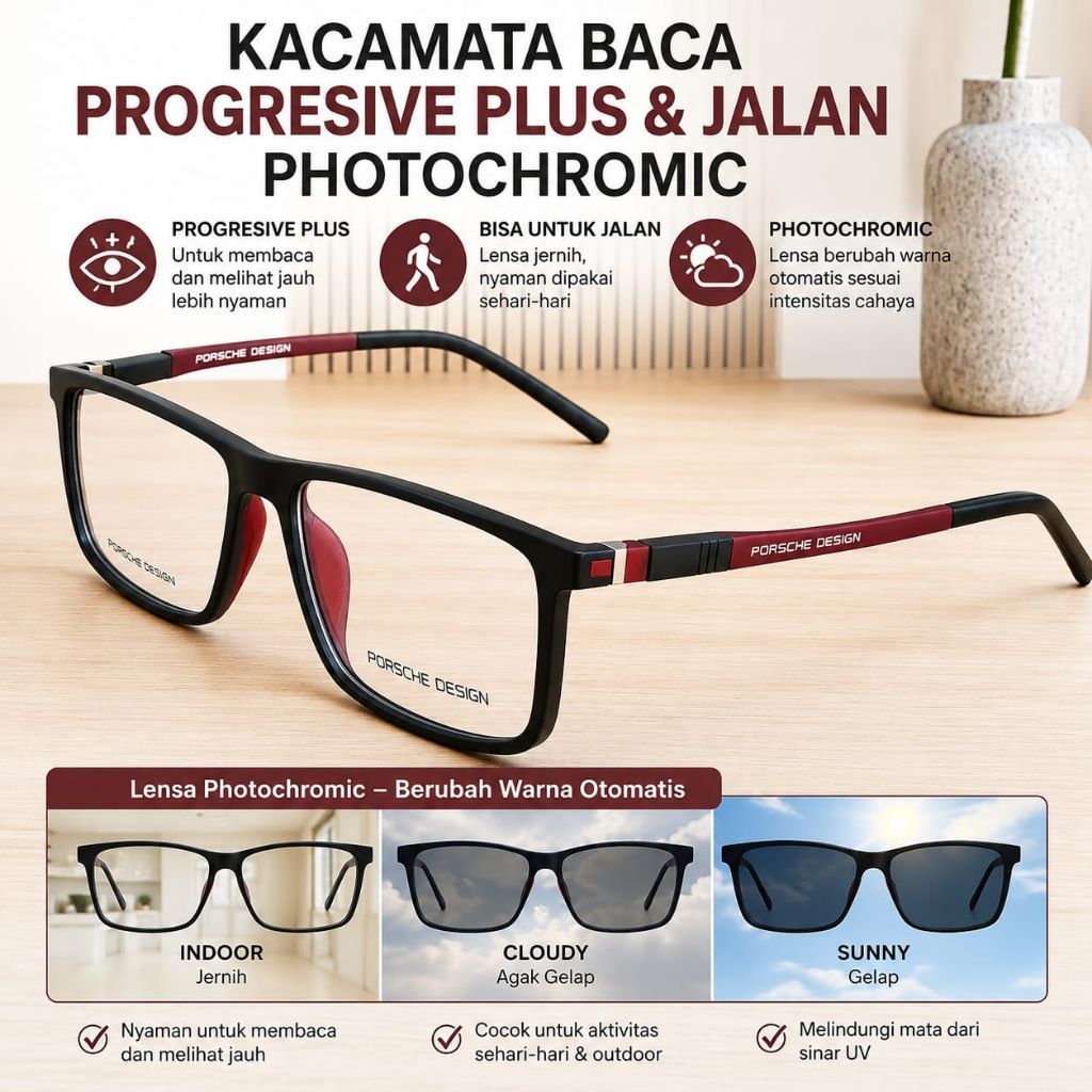 Kacamata Baca Progressive Plus & Jalan Photochromic Porsche Design Frame Hitam Merah