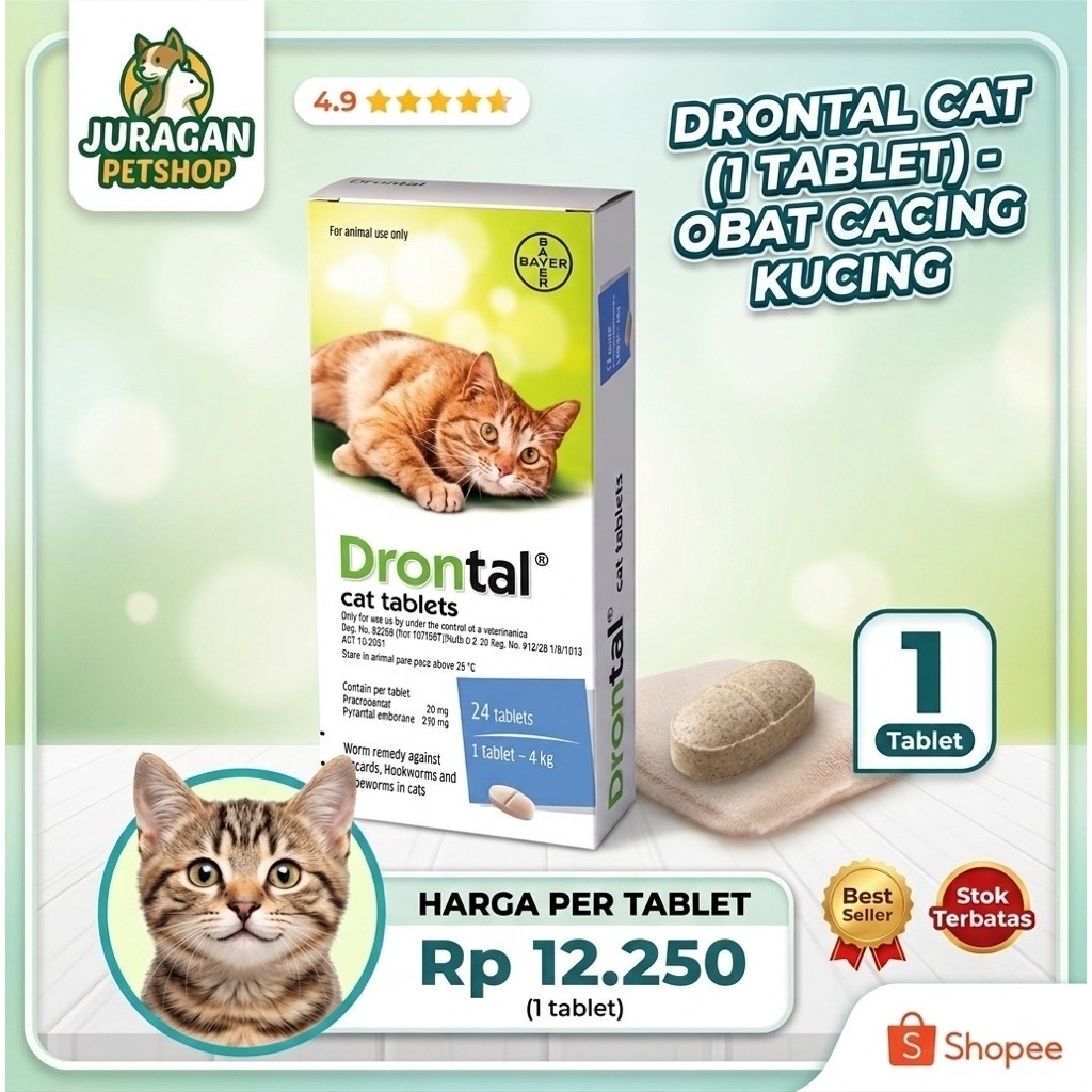 DRONTAL Cat ( 1 Tablet ) | Obat Cacing Kucing | Drontal Cat Original