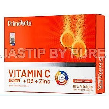 PRIMEVITE PRIME VITE Vitamin C 1000mg + D3 + Zinc 10 Effervescent Tablets x 4